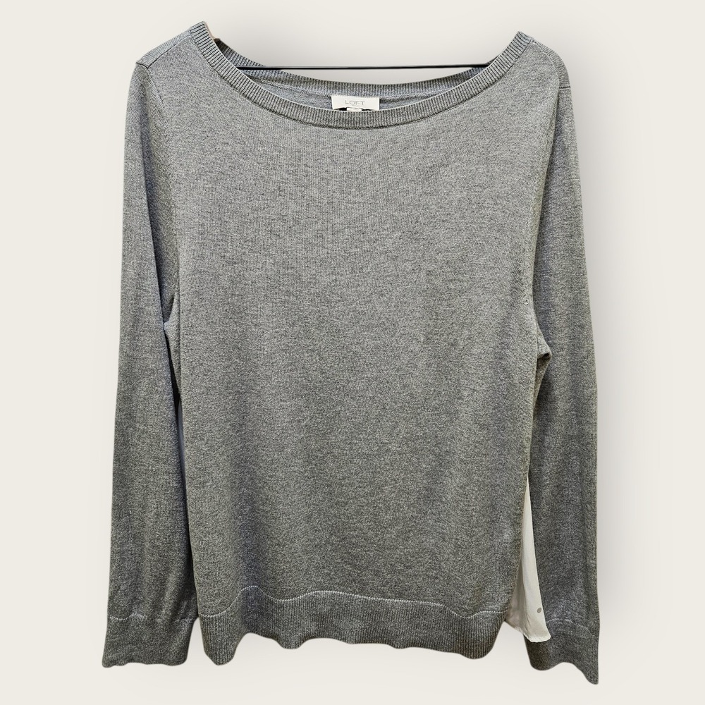 LOFT Outlet Gray Long Sleeve Sweater Top White Polka Dot Chiffon Back Women L